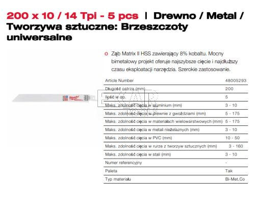 Brzeszczot 200/2,5/1,8mm Bimetal, Co Milwaukee - zdjęcie nr 2